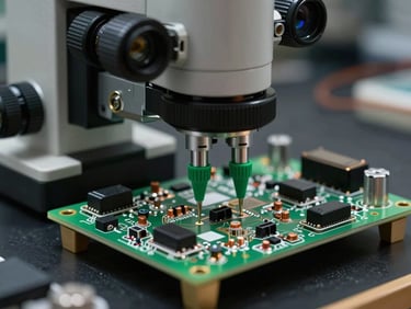 Close-up of high-voltage circuit board under a diagnostic microscope with green testing probes touching copper contacts, dark technical backdrop