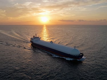 cinematic drone shot of a modern clean product tanker sailing across calm waters during a spectacular golden-hour sunset, warm sunlight reflecting off the sea, deep navy and rich gold tones, wide-angle, 35mm