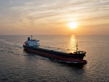 A low-angle cinematic profile of a modern clean product tanker sailing steadily across calm waters during a spectacular golden sunset, warm light reflecting off the sea, wide-angle 35mm photography