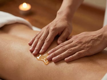 Close-up of hands performing precise massage strokes with warm herbal oil on a shoulder, soft golden light, teakwood background