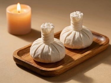 Warm herbal poultices resting on a teakwood tray next to a flickering candle, soft shadows, warm golden hour light