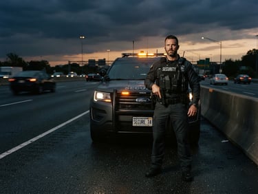 cinematic tactical photography, dramatic highway twilight lighting, professional security agent in uniform standing in front of a modern escort vehicle, deep charcoal and amber tones, sharp focus, 35mm