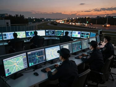 High-angle tactical shot of a modern security command center, professional operators in uniform looking at multi-screen tracking maps, cold technical blue light, sharp focus, cinematic