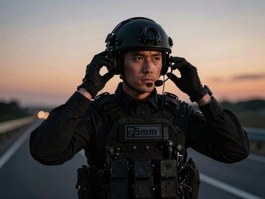 Security professional in tactical uniform adjusting communication headset, sharp focus, dramatic twilight lighting, 35mm