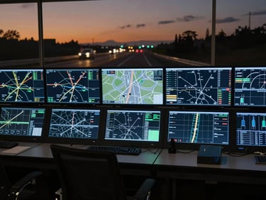 Modern control room with multiple screens showing route maps and telemetry data, cold blue light, 35mm