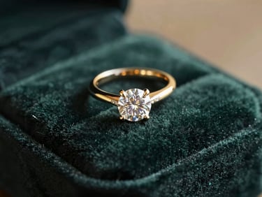Close-up of a diamond bridal ring set on a dark velvet cushion, soft golden-hour side lighting, luxurious editorial styling