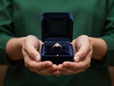 Elegant hands holding a dark velvet heirloom jewellery box, soft studio spots