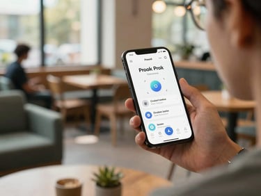 Over the shoulder shot of a person using a clean mobile networking app interface in a vibrant co-living lounge, warm daylight filtering through large windows, natural interaction