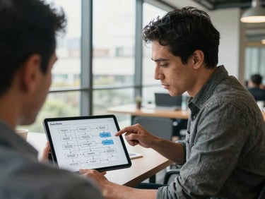 Over-the-shoulder shot of two consultants analyzing a clean, architectural diagram of a data flow on a tablet, bright natural light coming from a large window in a modern Bogotá coworking space.