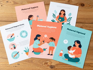 Flat-lay photography of bright educational infographics on maternal hygiene, vibrant warm coral and soft teal illustrations, clean paper printouts on a warm wooden table, bright natural daylight, high contrast.