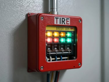 High-contrast industrial photography of a clean, wall-mounted fire alarm control panel, red steel enclosure with glowing amber and green status LEDs, neatly bundled wiring harnesses visible through an open conduit, cool daylight casting sharp shadows.