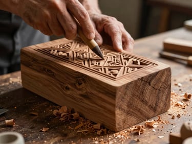 A master artisan carving intricate geometric patterns into a thick block of seasoned teakwood, fine wood shavings on a dark workbench, side lighting.