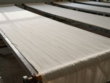 Wide environmental shot of long printing tables in a Jaipur factory, with stretched unbleached cotton fabric drying under high-contrast natural light.