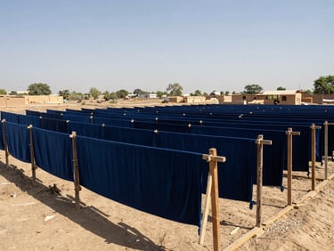 Vast open-air drying field in Jaipur under harsh midday sun, long runs of deep indigo dyed fabric stretched on wooden frames casting sharp shadows.