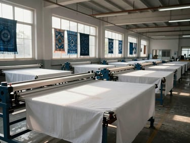 A wide-angle environmental shot of the Ekadasi factory interior, long printing tables stretched with white cotton fabric, sunlight streaming through high windows illuminating hanging indigo textiles.