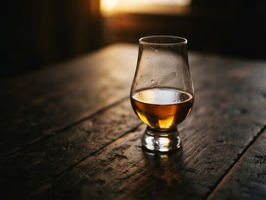 Moody low-key photography of a Glencairn glass filled with amber whisky on a dark textured wood table, warm golden backlighting, shallow depth of field, 35mm