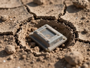 Extreme macro close-up of a rugged polymer sensor buried in dry, cracked clay soil, harsh low-angle morning sun casting long shadows, technical and high-contrast.