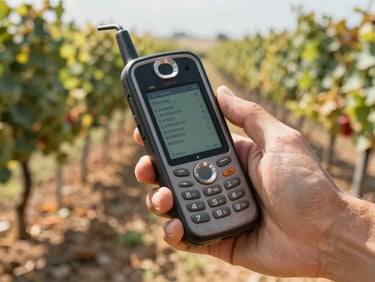 Close-up of a hand holding a rugged mobile terminal displaying plain text irrigation commands in a sun-drenched vineyard