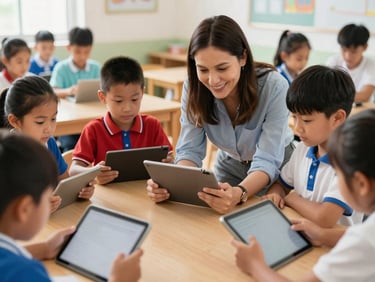 Warm editorial photo of a smiling female teacher helping children with digital tablets in a bright classroom, natural light