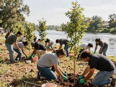 Authentic photo of community members planting native trees near a river bed, bright morning light
