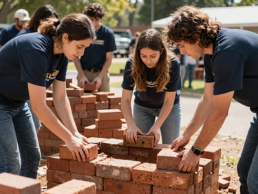 Candid warm photo of volunteers laying bricks for a community center, bright daylight, 35mm