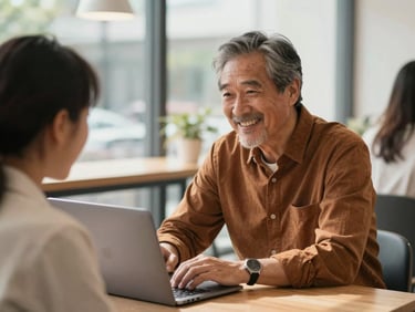 A mature man in his 60s smiling warmly while mentoring a young adult in a modern co-working space, laptop open, natural window light