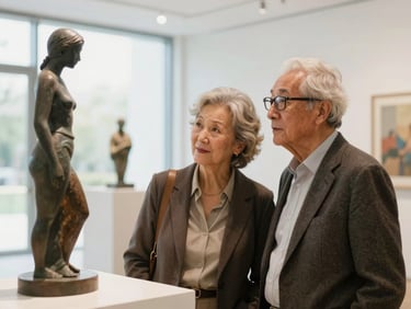 An active senior couple looking closely at a contemporary sculpture in a bright, modern art gallery, soft natural light, thoughtful expressions, sophisticated style