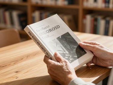 A close-up of hands holding a modern literary novel in a sunlit library, warm wood textures, soft focus background
