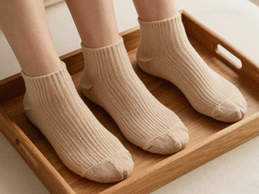 Pairs of women's hosiery and socks arranged in a shallow wooden tray on a light surface, warm amber and nude tones, close-up showing stitch pattern