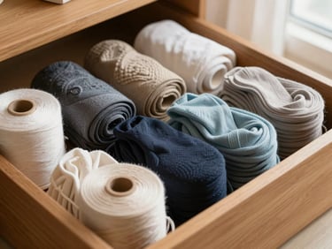 Rolled and stacked hosiery in warm neutral and jewel tones arranged in a wooden drawer, soft window light, showing color variety and folded texture