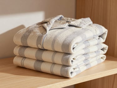 Neatly folded pajama sets in soft flannel fabric on a light wood shelf, warm bedroom-style lighting, cozy cream and warm grey tones