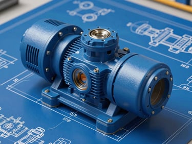 Detailed technical CAD drawing of an industrial pump installation, clean white lines on blue background, high precision drafting style