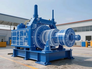 Industrial blueprint overlay on a heavy machinery component, clean technical drawing lines, bright natural daylight, corporate blue tones