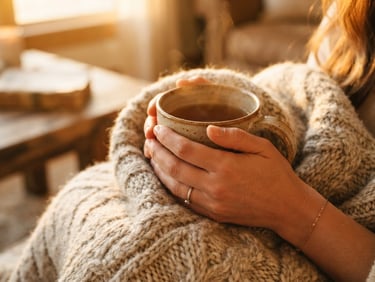 Close-up of hands holding a warm ceramic mug of tea wrapped in a soft wool blanket, soft diffused golden-hour light, intimate and cozy atmosphere