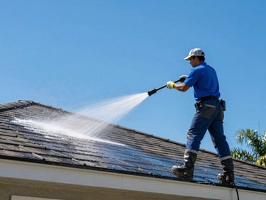 Technician safely soft washing a residential roof, low pressure stream, clean roof section visible, bright Florida sunlight.