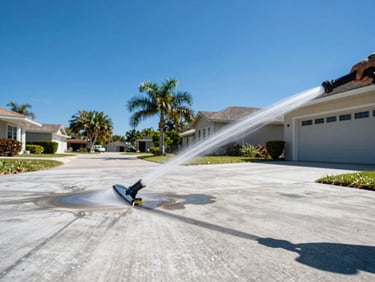 High-pressure stream cleaning a stained concrete driveway, clear before-and-after split visible, crisp shadows.