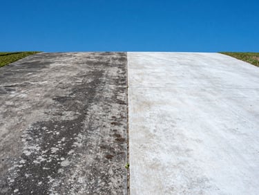 High-contrast before-and-after split image of a concrete driveway, half dark with mold and dirt, half sparkling clean, bright Florida sunlight, 35mm