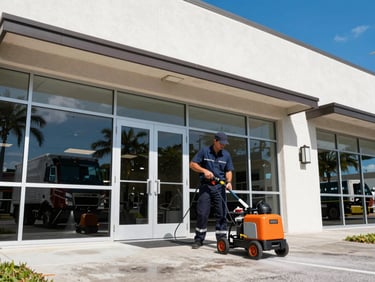 Professional pressure washing technician in uniform operating equipment on a commercial storefront entrance, clean truck visible, bright Florida sunlight, 35mm