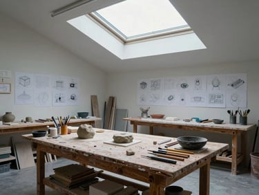 Wide shot of a sculptor's studio workspace: a wooden worktable covered in clay tools and sketches pinned to the wall behind, north-facing skylight casting even cool daylight across the room, no people present, tools and material fragments in the foreground