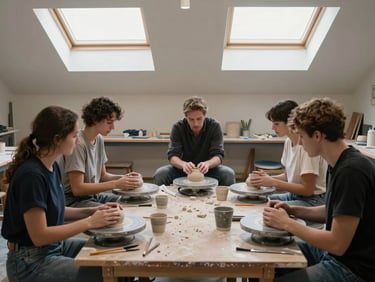 Wide shot of a ceramicist teaching a small workshop in a community studio, students gathered around a wheel under diffused north-facing skylights, tools and raw clay on a central table, candid documentary framing with no posed smiles