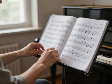 Close-up of a musician's hands adjusting sheet music on a wire stand in a small teaching studio, afternoon window light from the left, a upright piano partially visible in the background, warm neutral tones, no faces