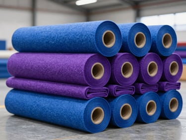 Precision-cut rolls of vibrant blue and purple synthetic felt stacked neatly in a modern warehouse, clean daylight.