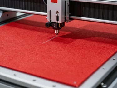 Close-up of a high-tech CNC laser cutter slicing clean edges on a vibrant red synthetic felt sheet on a factory floor.