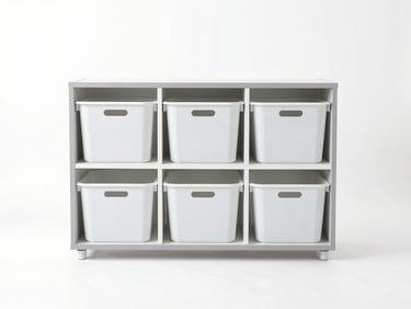 Straight-on orthographic shot of a modular kitchen organizer system, bright high-key studio lighting, clean white background, sharp focus, 50mm