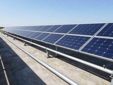 Wide environmental shot of a completed industrial solar array under bright direct midday sunlight, neatly managed conduit runs, sharp shadows, 35mm lens
