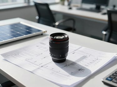 Bright industrial photography of a modern solar engineering office, blueprints on desk, solar panel sample, direct sunlight, 35mm lens