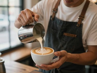 A barista pouring latte art into a coffee cup, warm coffee shop atmosphere, shallow depth of field, cream and brown tones.