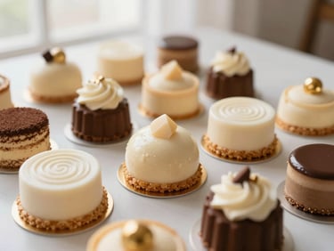 An assortment of beautifully presented desserts and pastries, soft light, inviting, cream and gold accents.