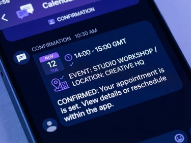 Tight macro shot of a mobile screen showing a clean calendar booking confirmation via SMS, cool studio lighting, deep navy and electric violet tones, 35mm