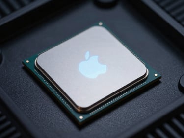 Macro close-up of an Apple Silicon M-series chip glowing with subtle silver-blue light in a dark computer chassis, sharp focus.